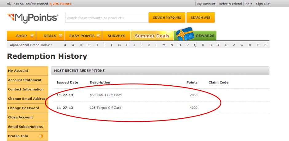 MyPoints Review Point Redemption
